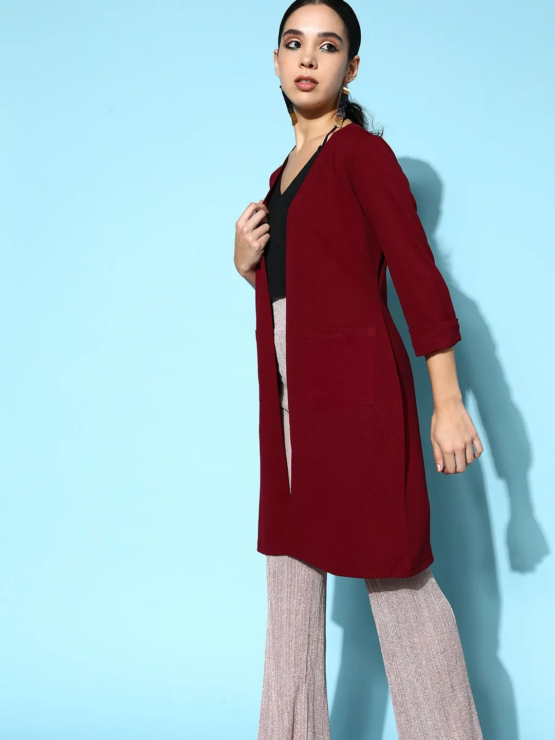 Berrylush Women Solid Maroon Collarless Neck Open-Front Straight Hem Longline Jacket