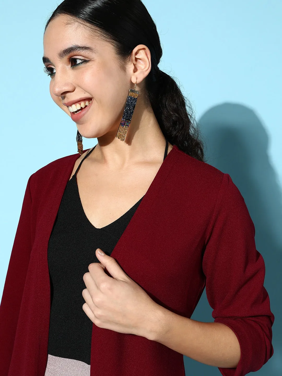 Berrylush Women Solid Maroon Collarless Neck Open-Front Straight Hem Longline Jacket