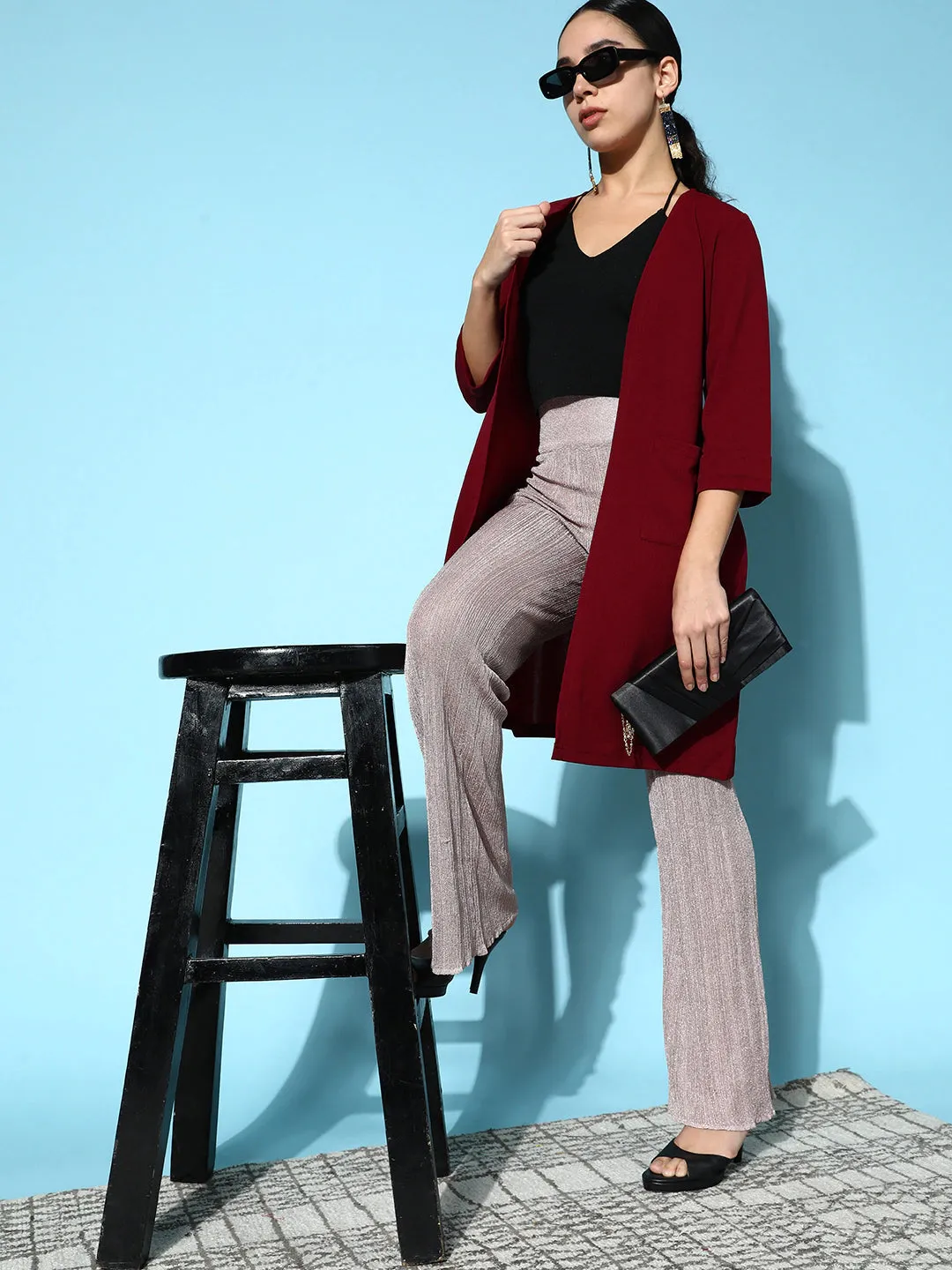 Berrylush Women Solid Maroon Collarless Neck Open-Front Straight Hem Longline Jacket