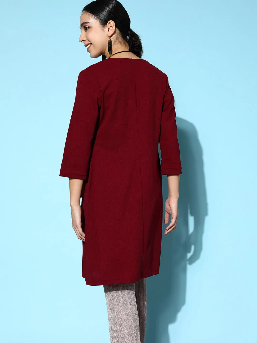 Berrylush Women Solid Maroon Collarless Neck Open-Front Straight Hem Longline Jacket