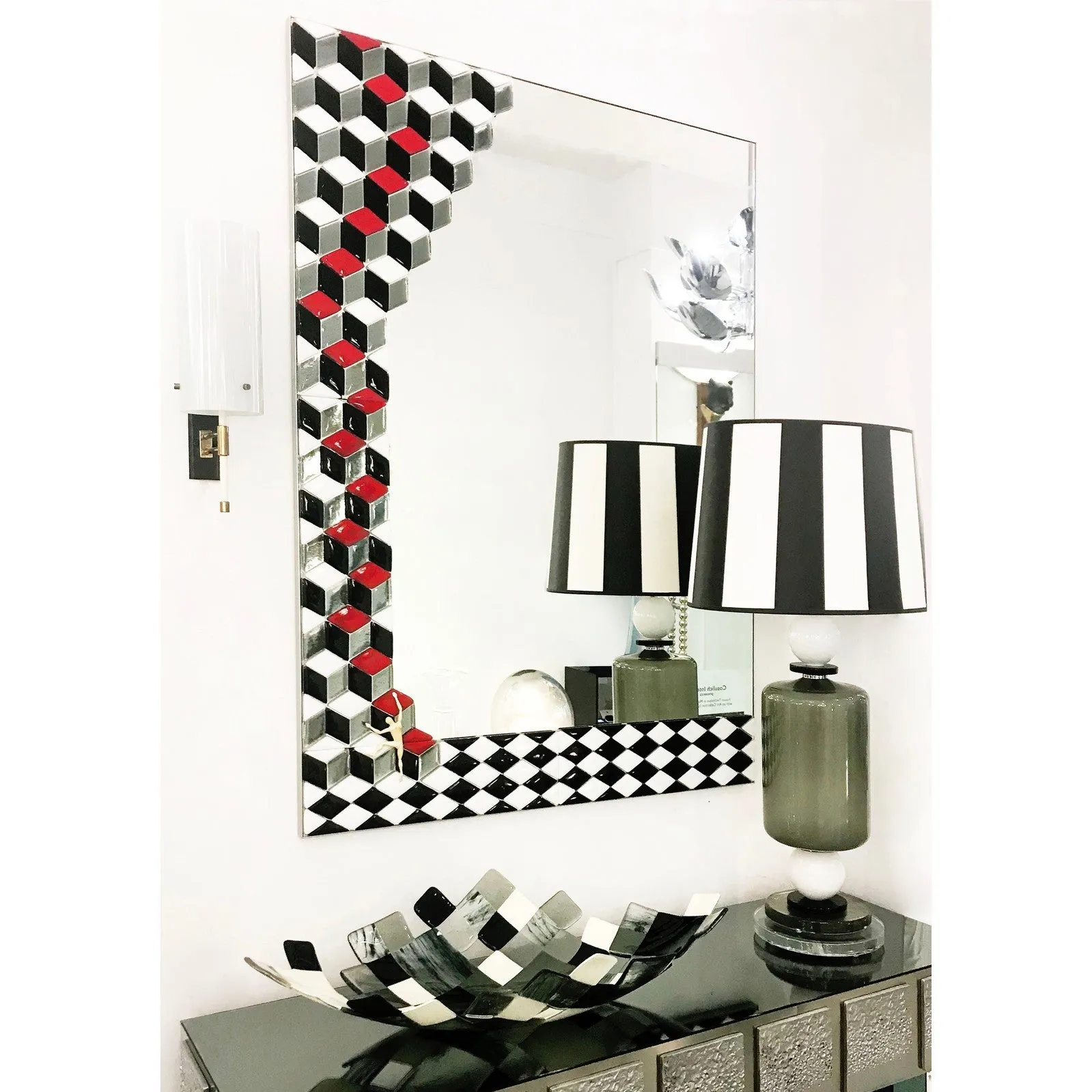 Bespoke Escher Inspired Italian Red Black White Smoked Murano Glass Satin Mirror