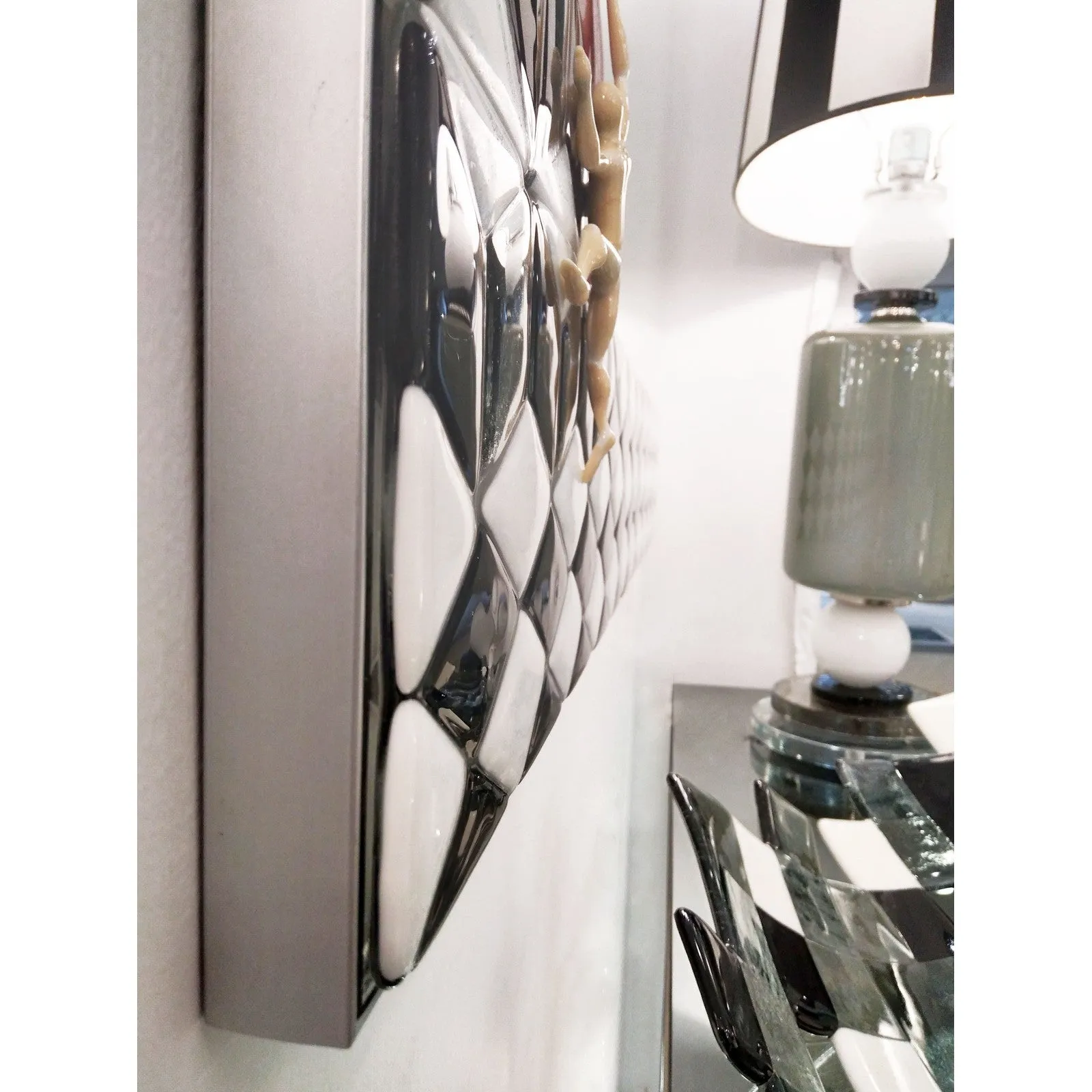 Bespoke Escher Inspired Italian Red Black White Smoked Murano Glass Satin Mirror