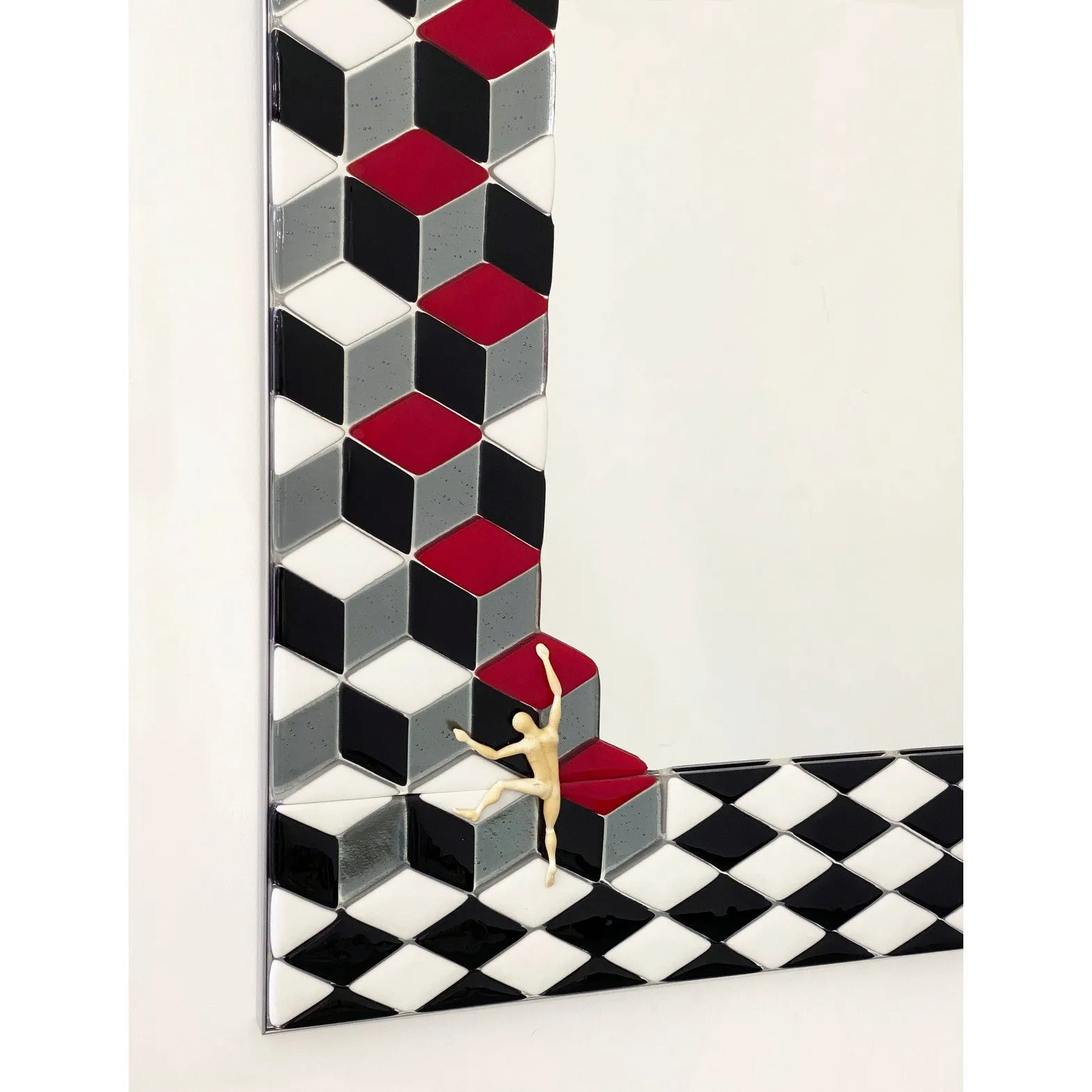 Bespoke Escher Inspired Italian Red Black White Smoked Murano Glass Satin Mirror