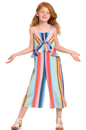 Big Girls | Tween Girls Tie Front Color Striped Jumpsuit