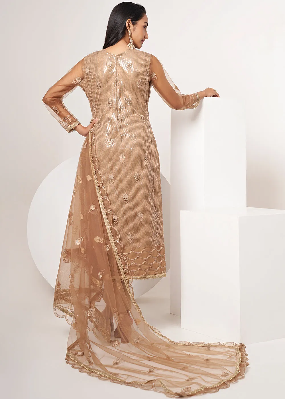 Biscuit Brown Net Embroidered Festive Salwar Suit
