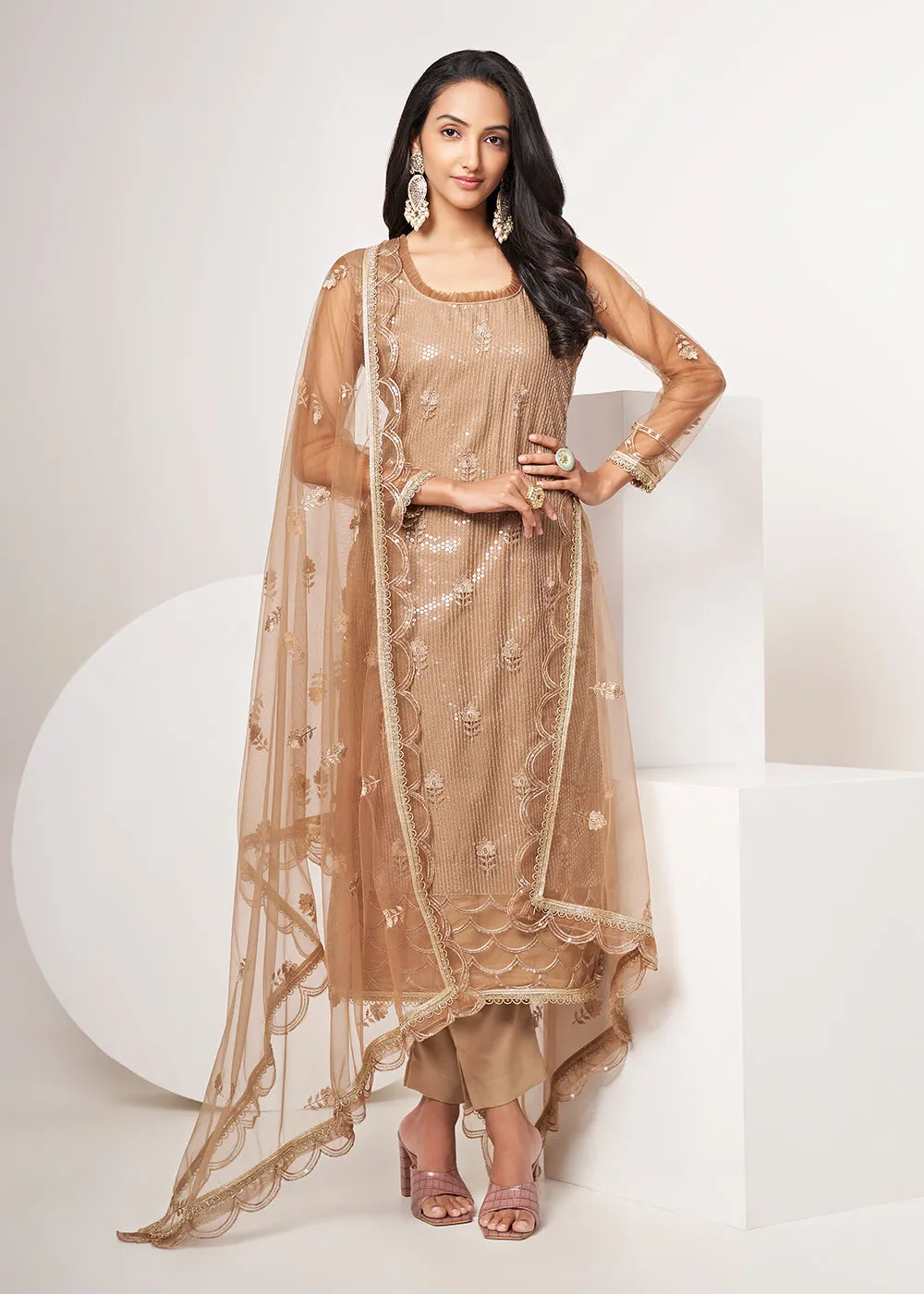Biscuit Brown Net Embroidered Festive Salwar Suit