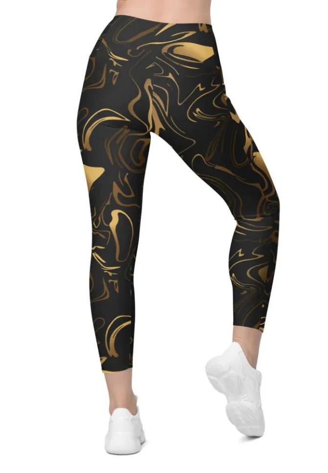 Black & Gold Crossover Leggings With Pockets