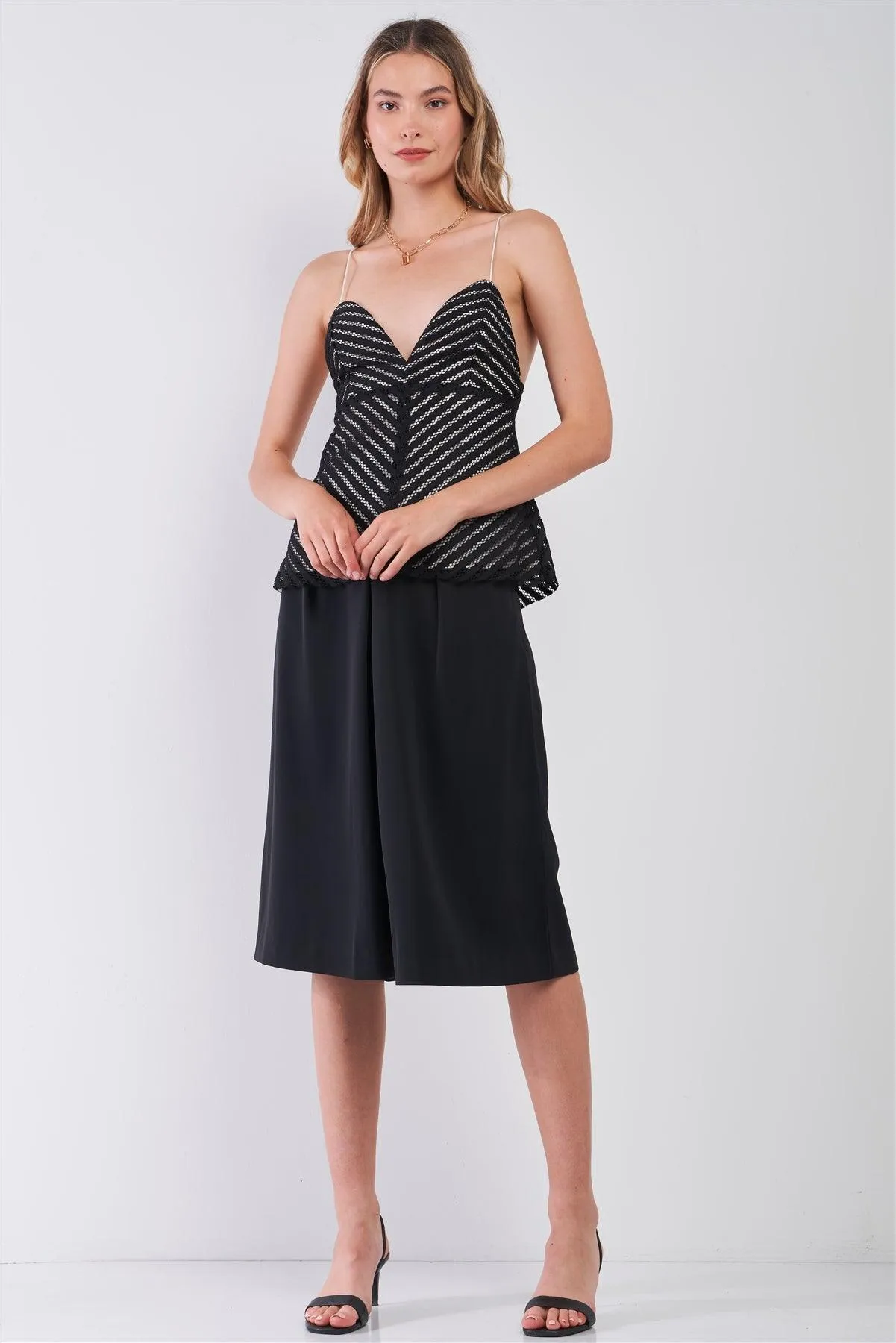 Black & White Sleeveless Striped Crocheted Sweetheart Neckline Self-Tie Spaghetti Straps Fit & Flare Top /1-2-2-1