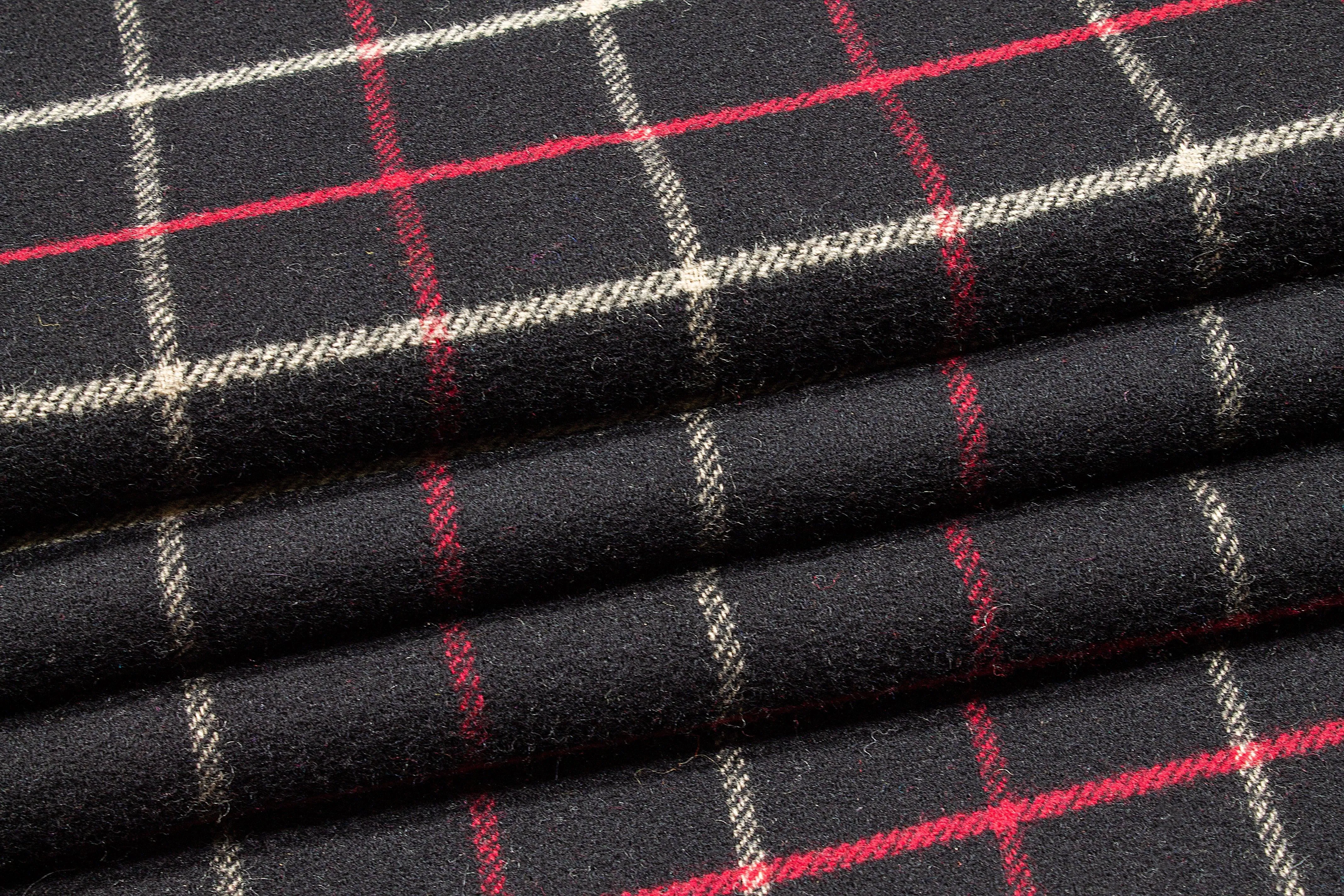 Black and Red Windowpane Checked Italian Wool Coating