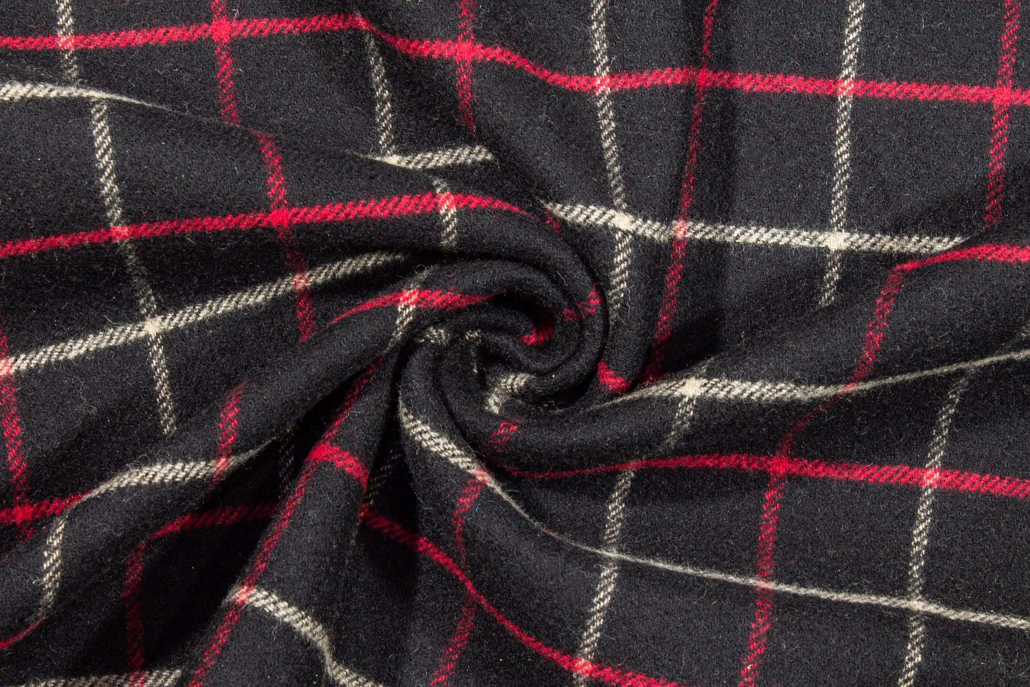 Black and Red Windowpane Checked Italian Wool Coating