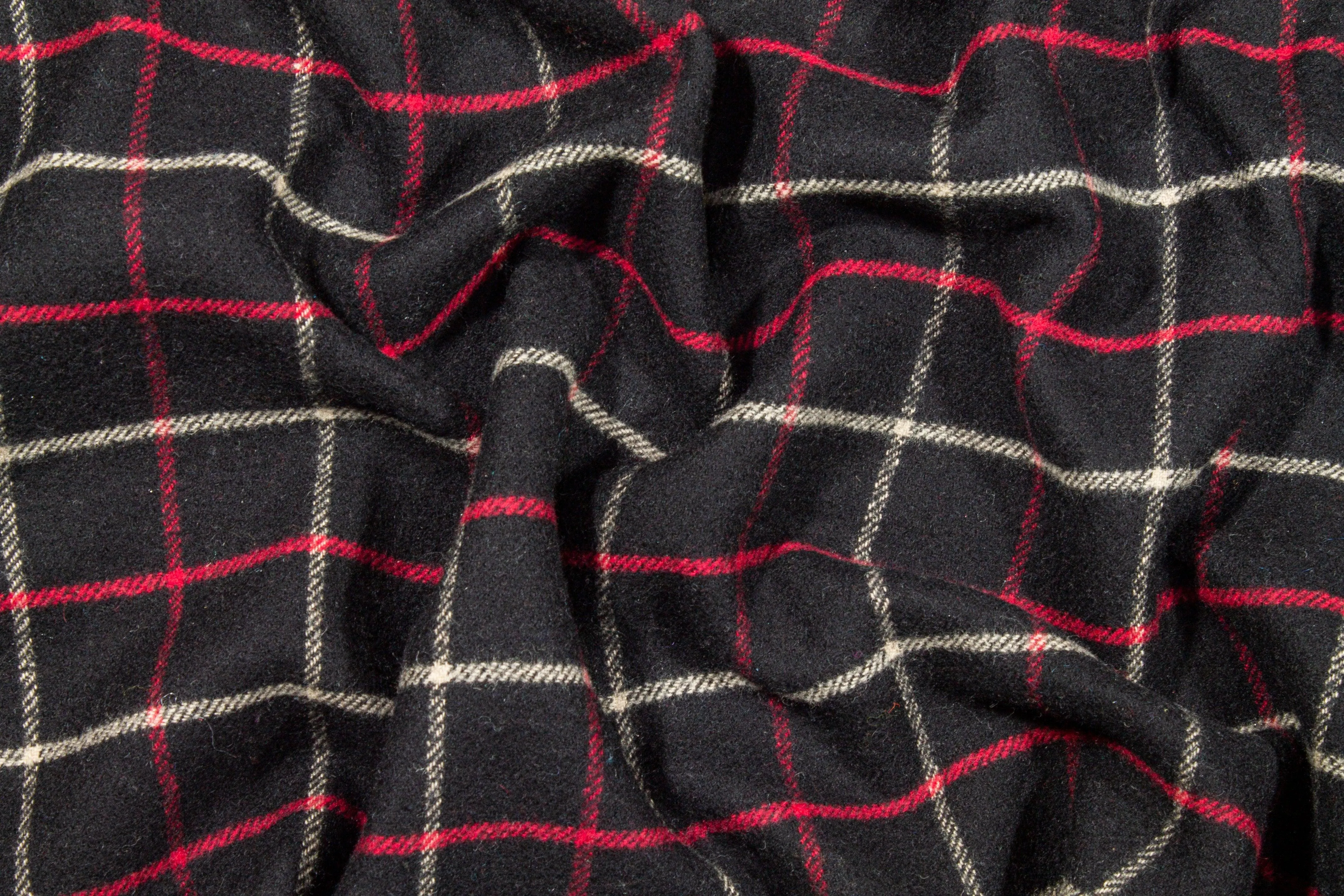 Black and Red Windowpane Checked Italian Wool Coating