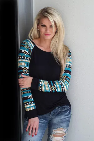 Black And Teal Top With Aztec Sleeves