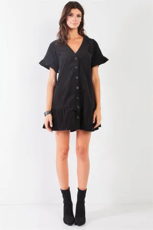 Black Corduroy V-Neck Short Ruffle Sleeve Dropped Waist Button Down Mini Dress /2-2-2