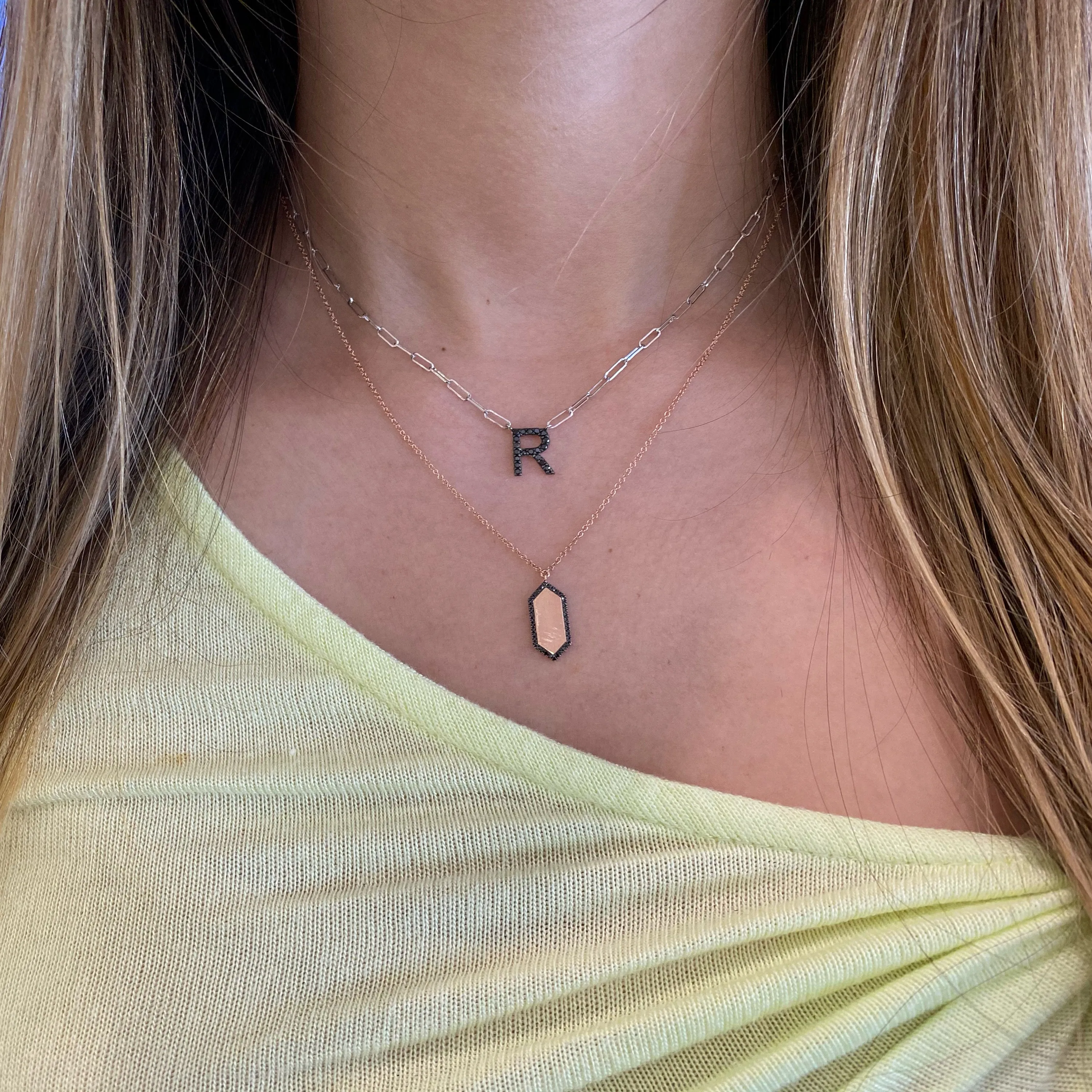 Black Diamond Initial Pendant on Paperclip Chain