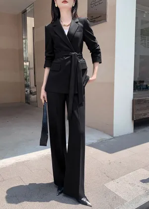 Black Double Breasted Blazer Wide Pants Suit Two-Piece Set