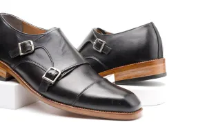 Black Double Buckle Cap Toe Monk Custom Made-To-Order Shoes  Premium Quality Handmade