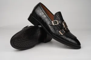 Black Double Buckle Loafer made using embossed Crocodile leather Custom Made-To-Order Shoes  Premium Quality Handmade