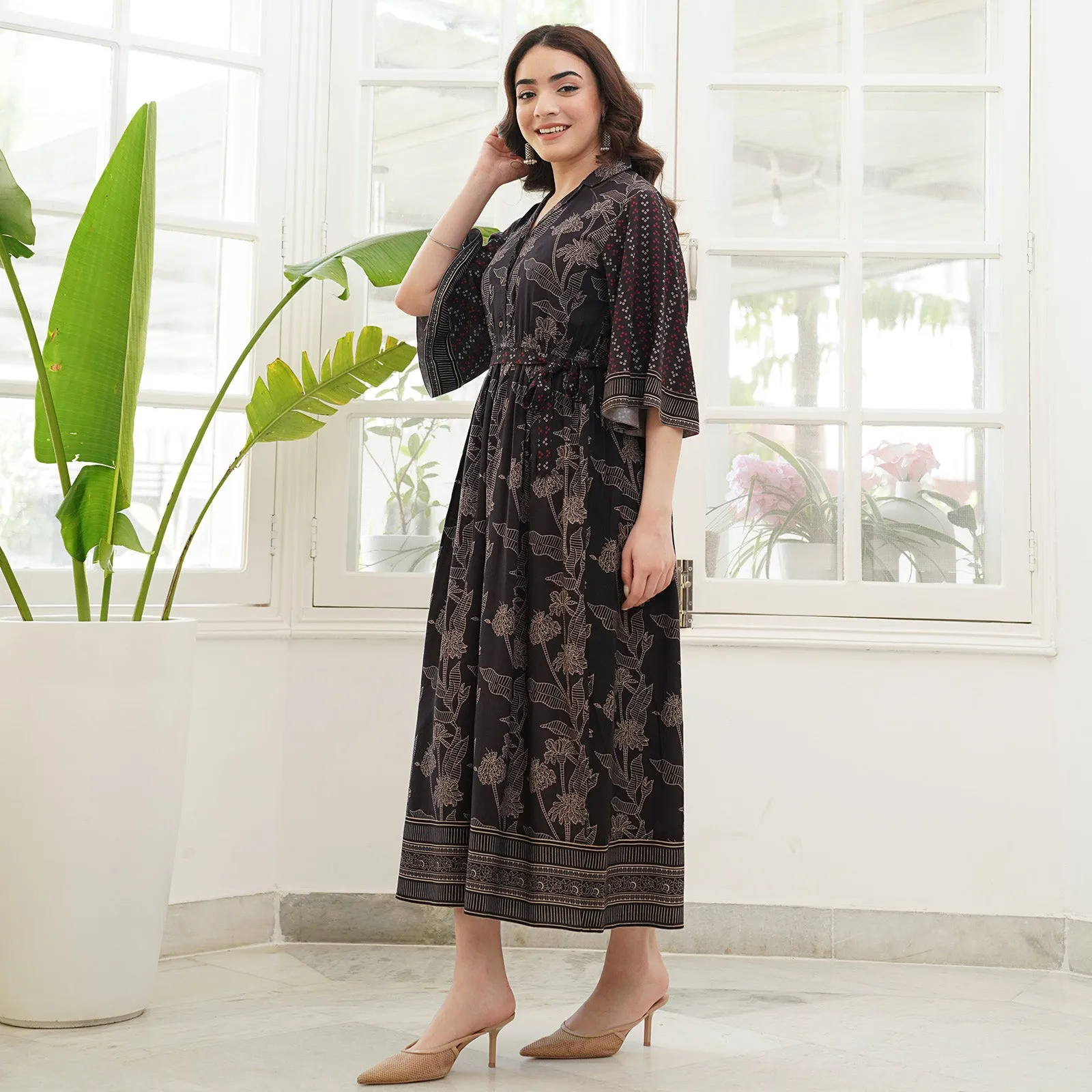 Black Flared Sleeves Dress with Belt Detail & Pockets