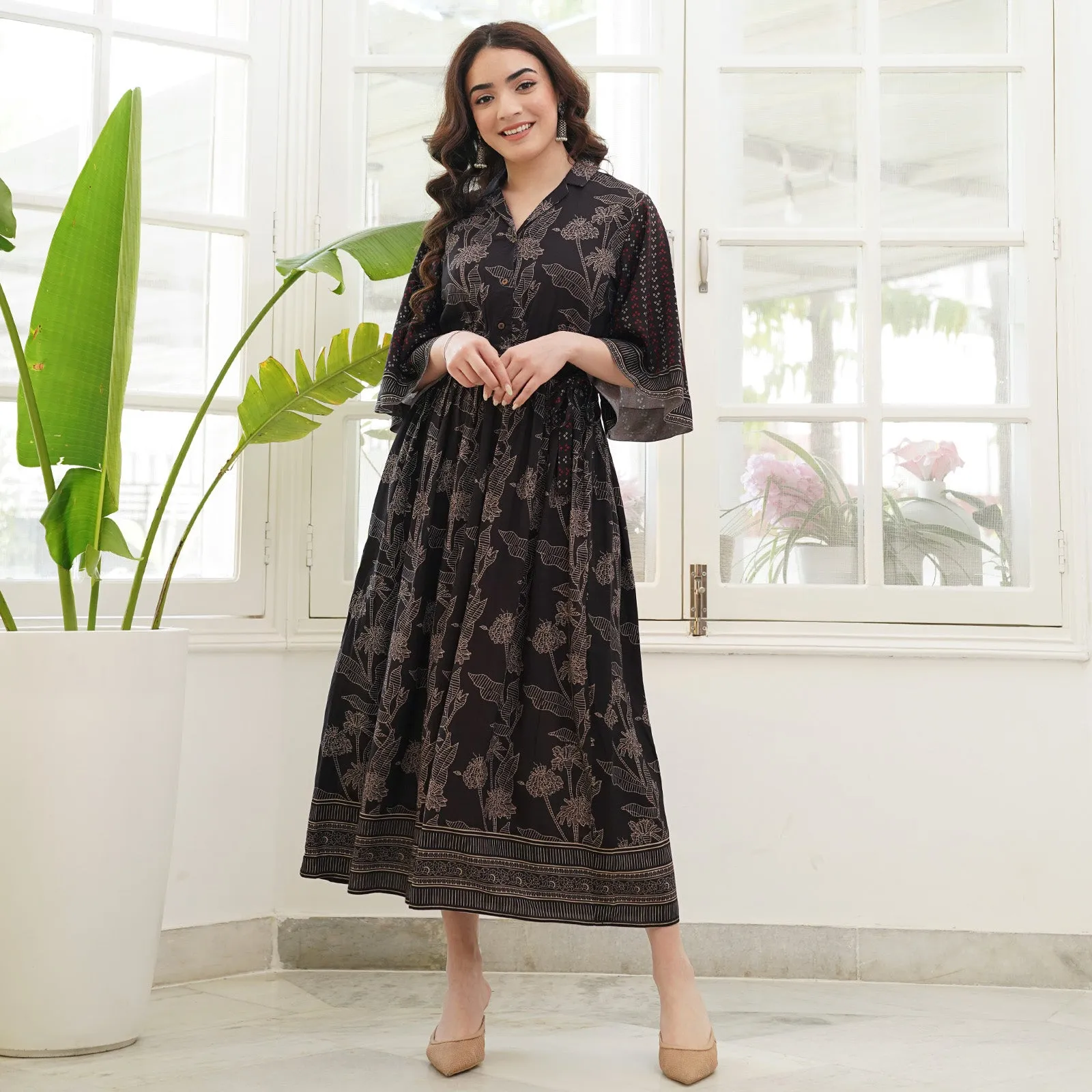 Black Flared Sleeves Dress with Belt Detail & Pockets