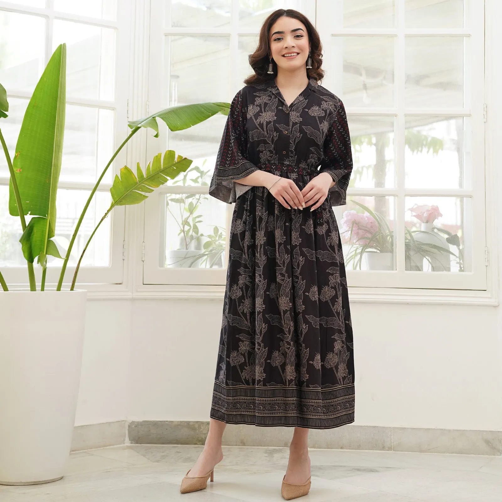 Black Flared Sleeves Dress with Belt Detail & Pockets