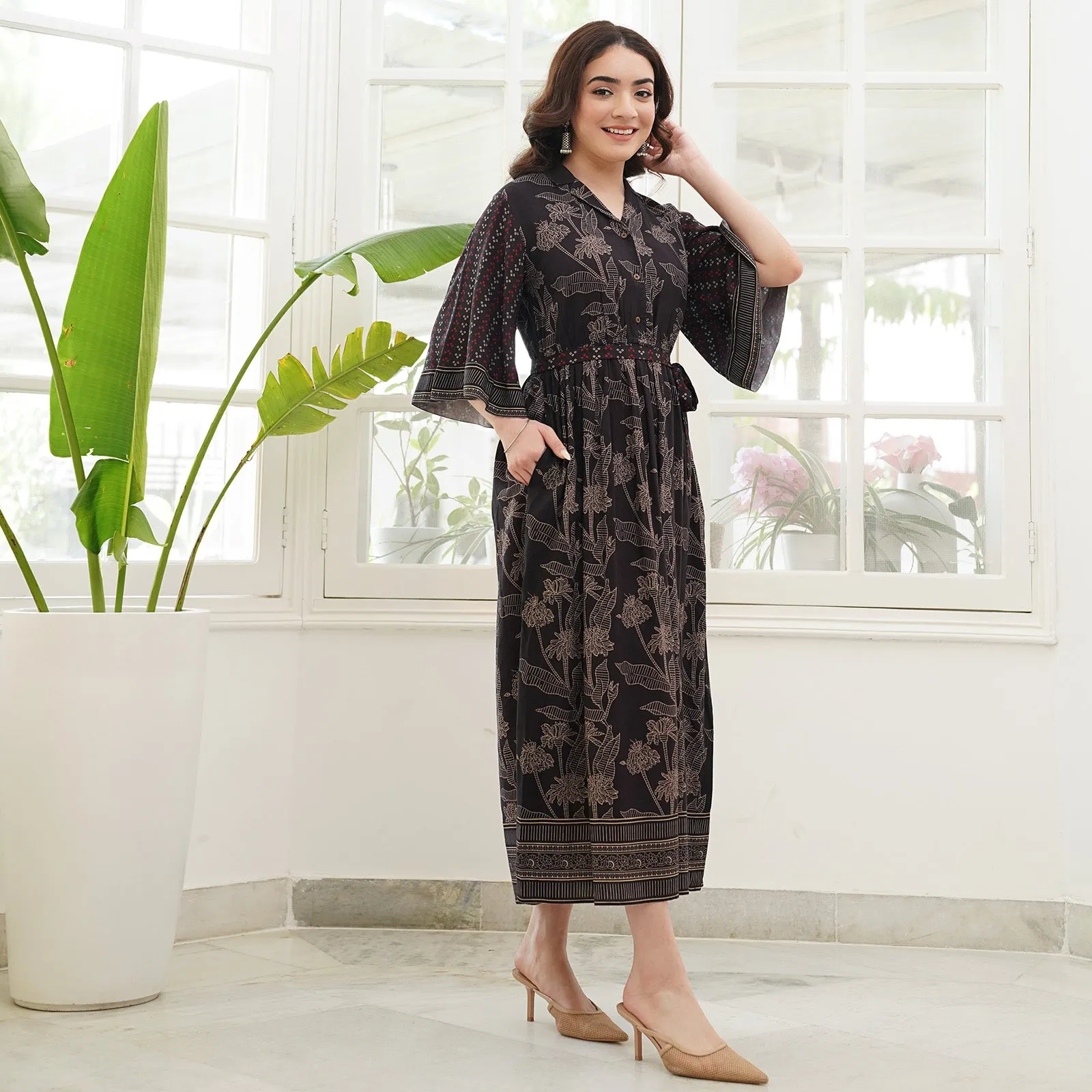 Black Flared Sleeves Dress with Belt Detail & Pockets