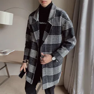 Black Grey Plaid Pattern Long Coat