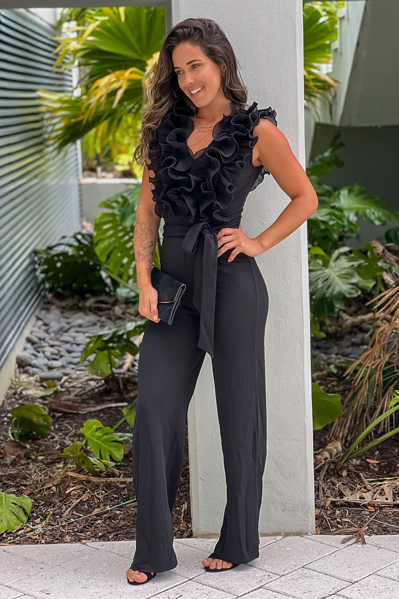Black Jumpsuit With Ruffle Top