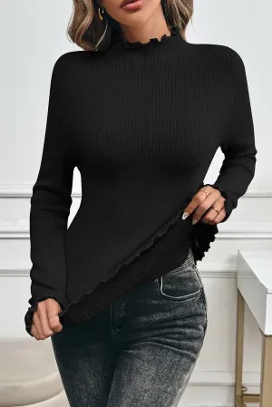 Black Knit Fleece Lined Lettuce Edge Slim Fit Top