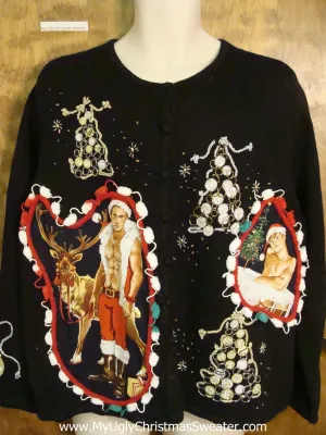 Black Knit with Trees and Two Hottie Guys Ugly Christmas Sweater