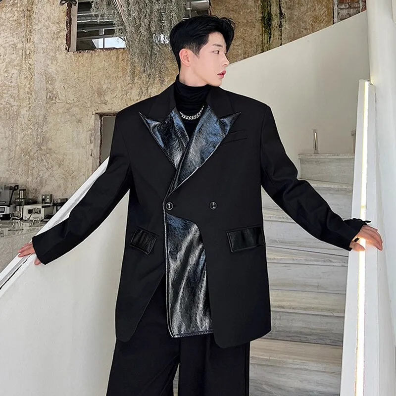 Black Leather Patchwork Solid Blazer