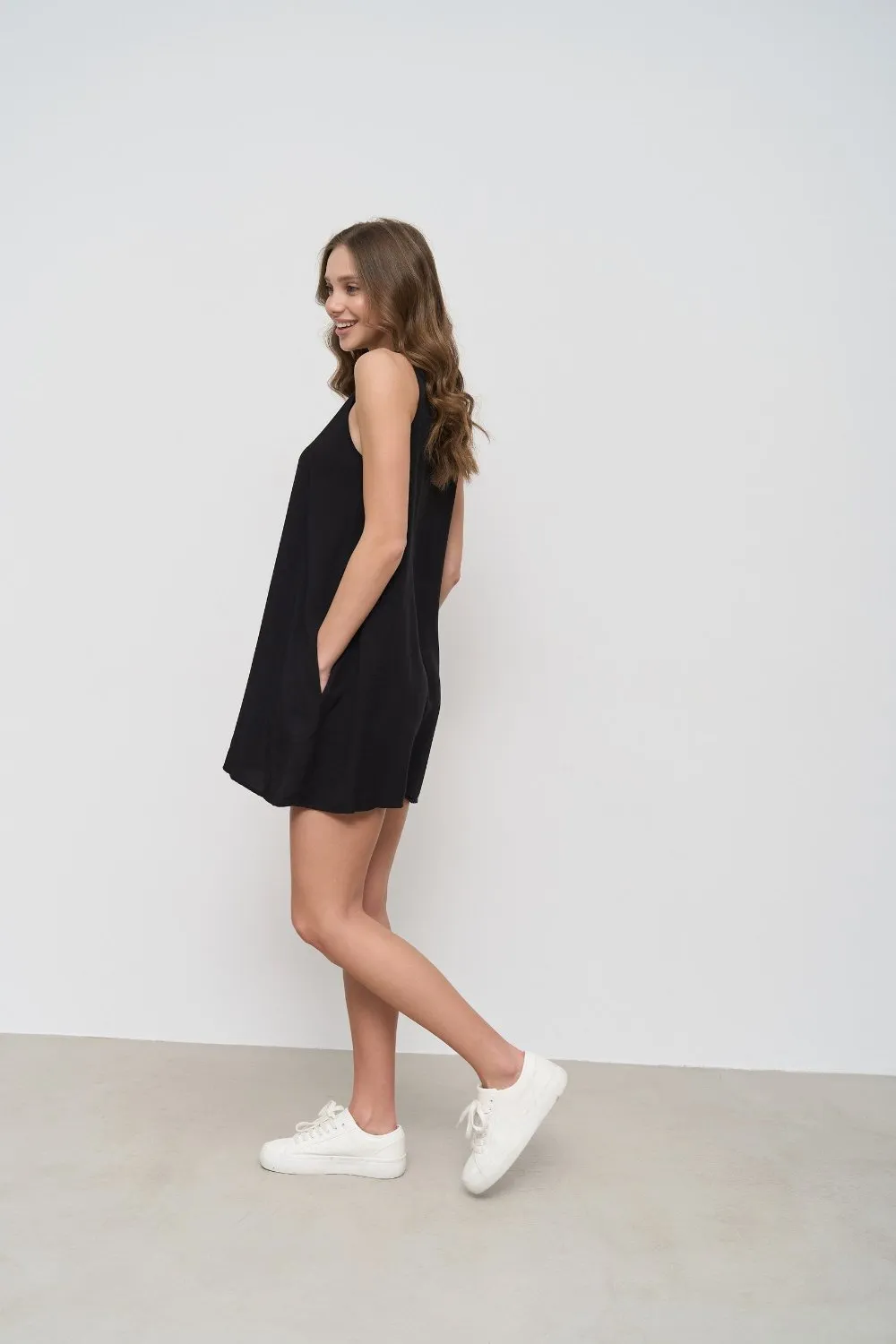 Black Loose-fit Mini Dress with Pockets