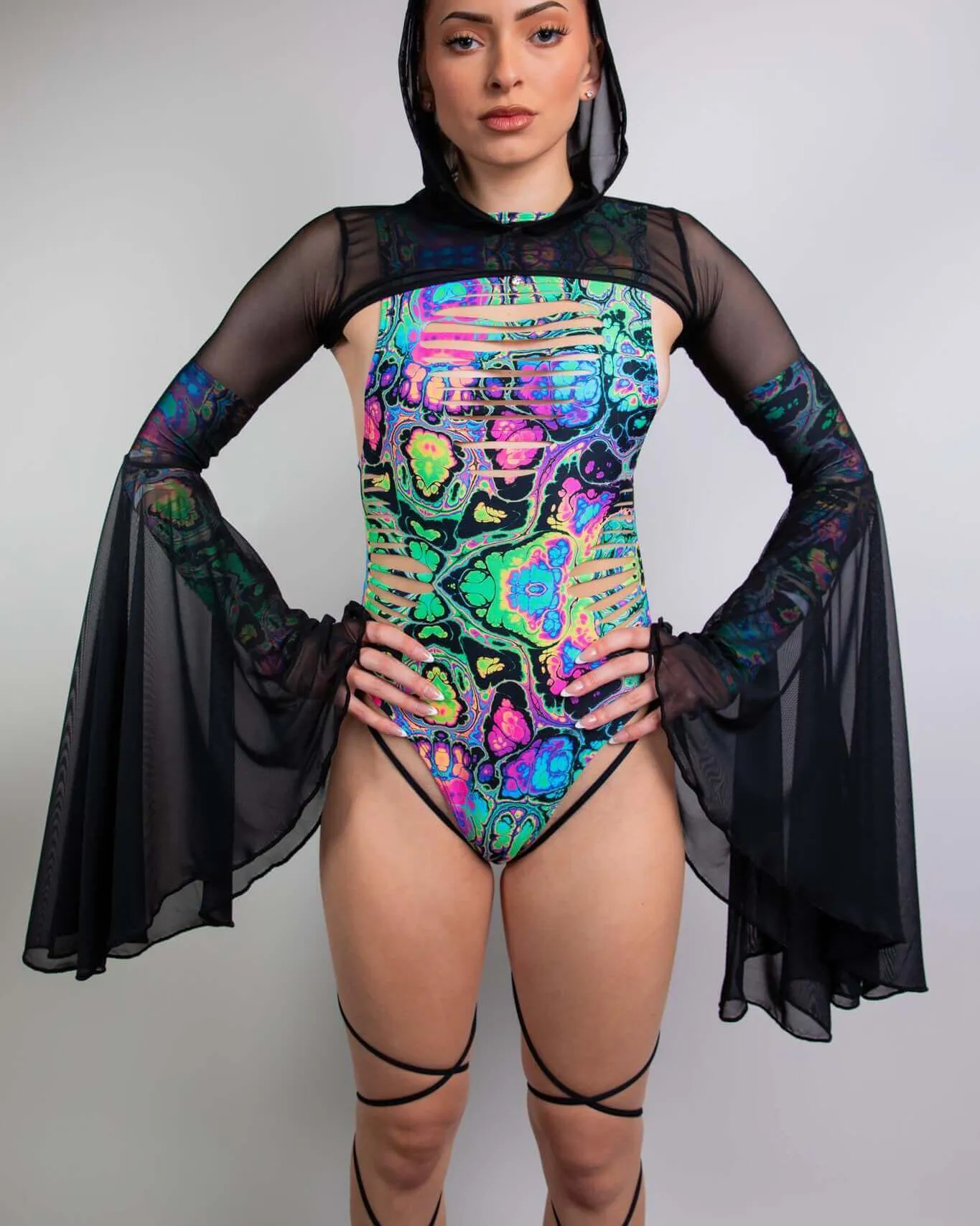 Black Mesh Hooded Bell Sleeves
