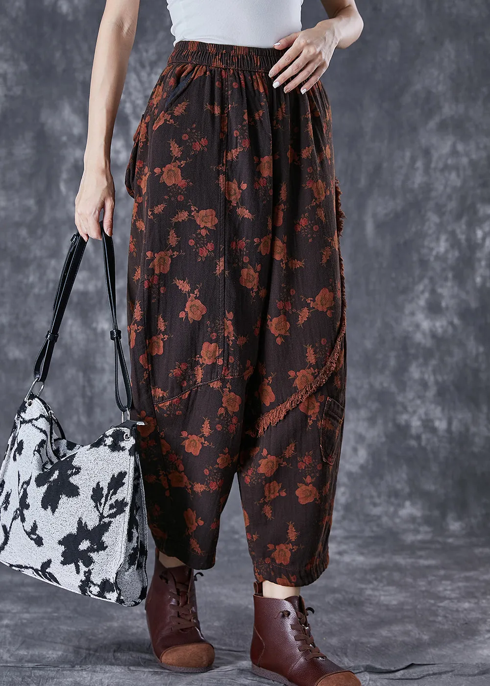 Black Patchwork Linen Harem Pants Oversized Print Summer TD1039