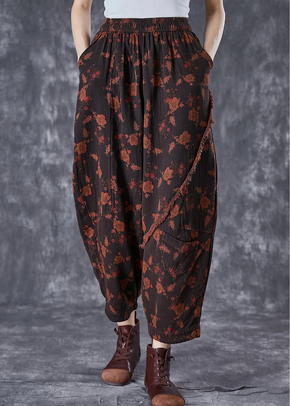 Black Patchwork Linen Harem Pants Oversized Print Summer TD1039