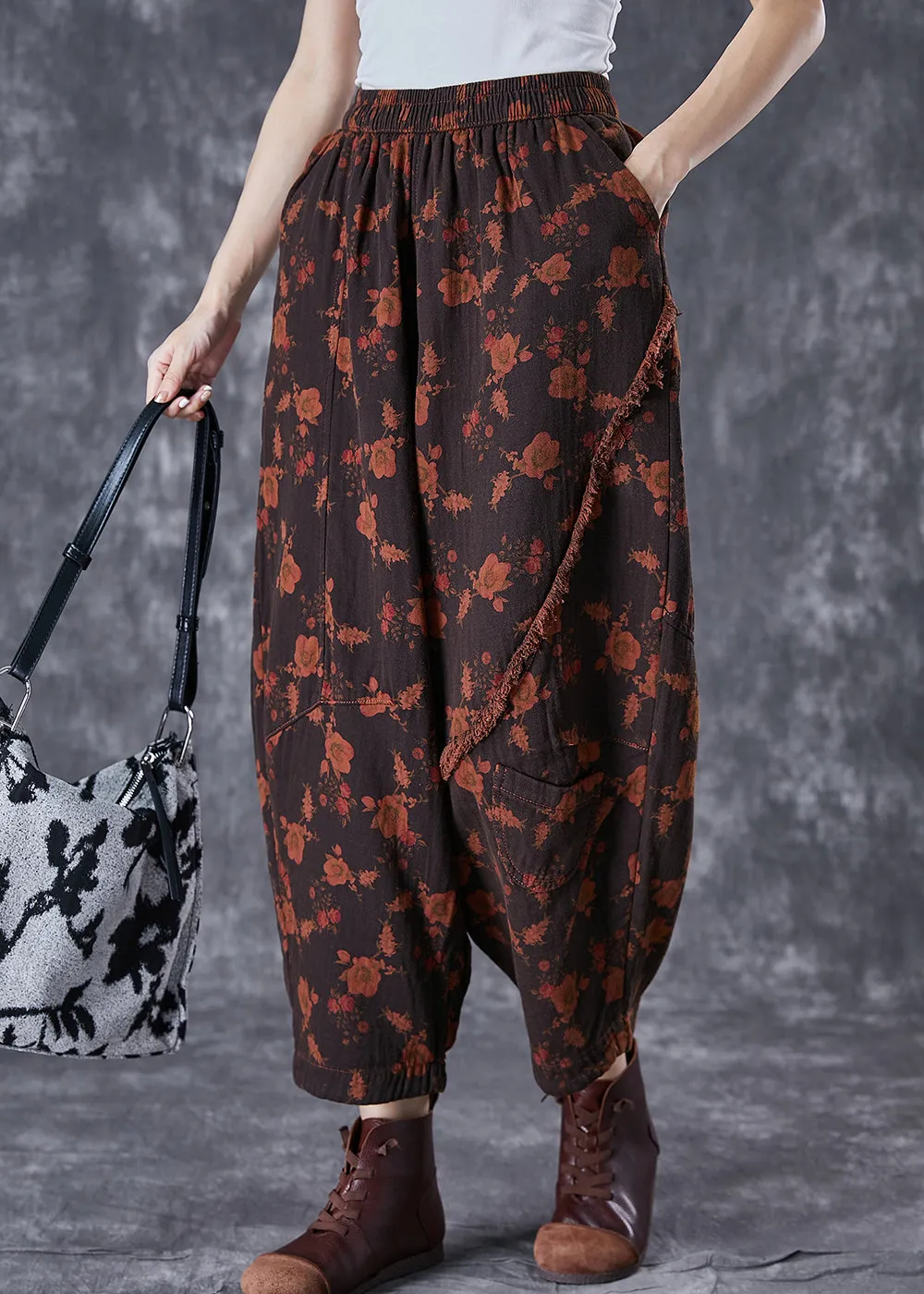 Black Patchwork Linen Harem Pants Oversized Print Summer TD1039