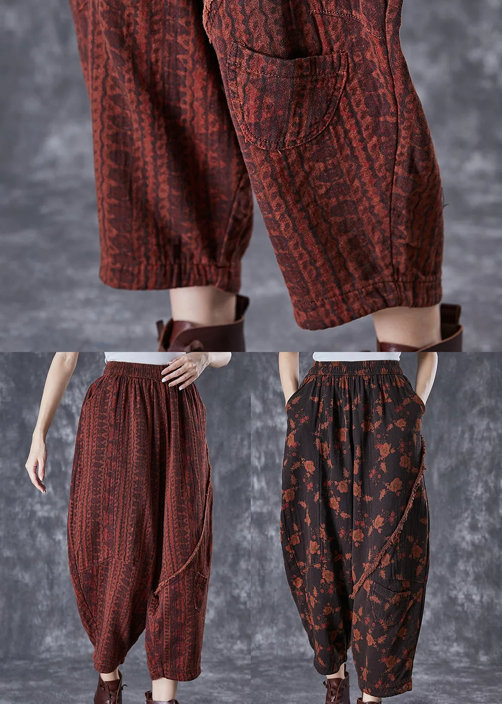 Black Patchwork Linen Harem Pants Oversized Print Summer TD1039