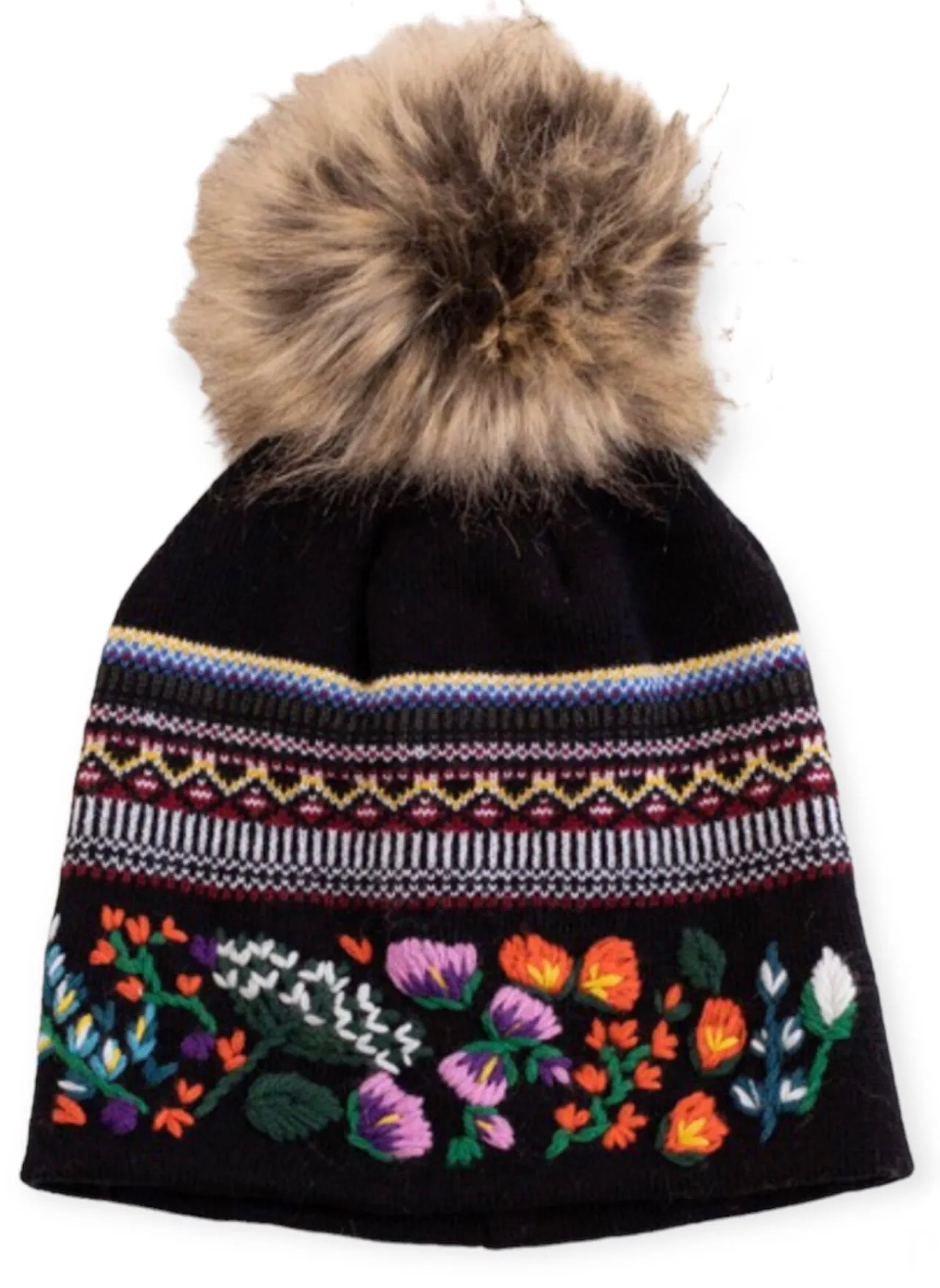 Black Patterned w/ Floral Pattern Cuff Pom Beanie