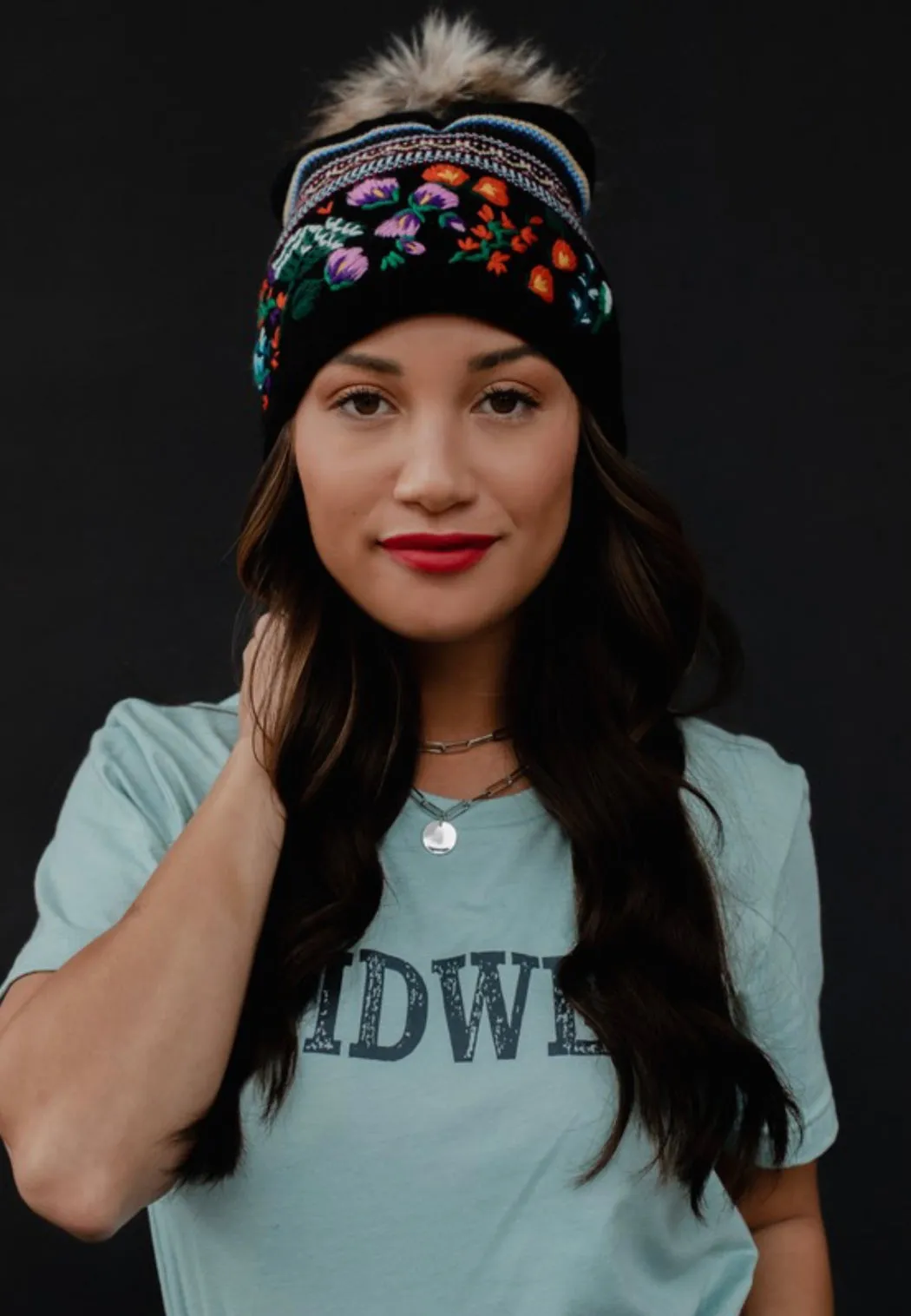 Black Patterned w/ Floral Pattern Cuff Pom Beanie