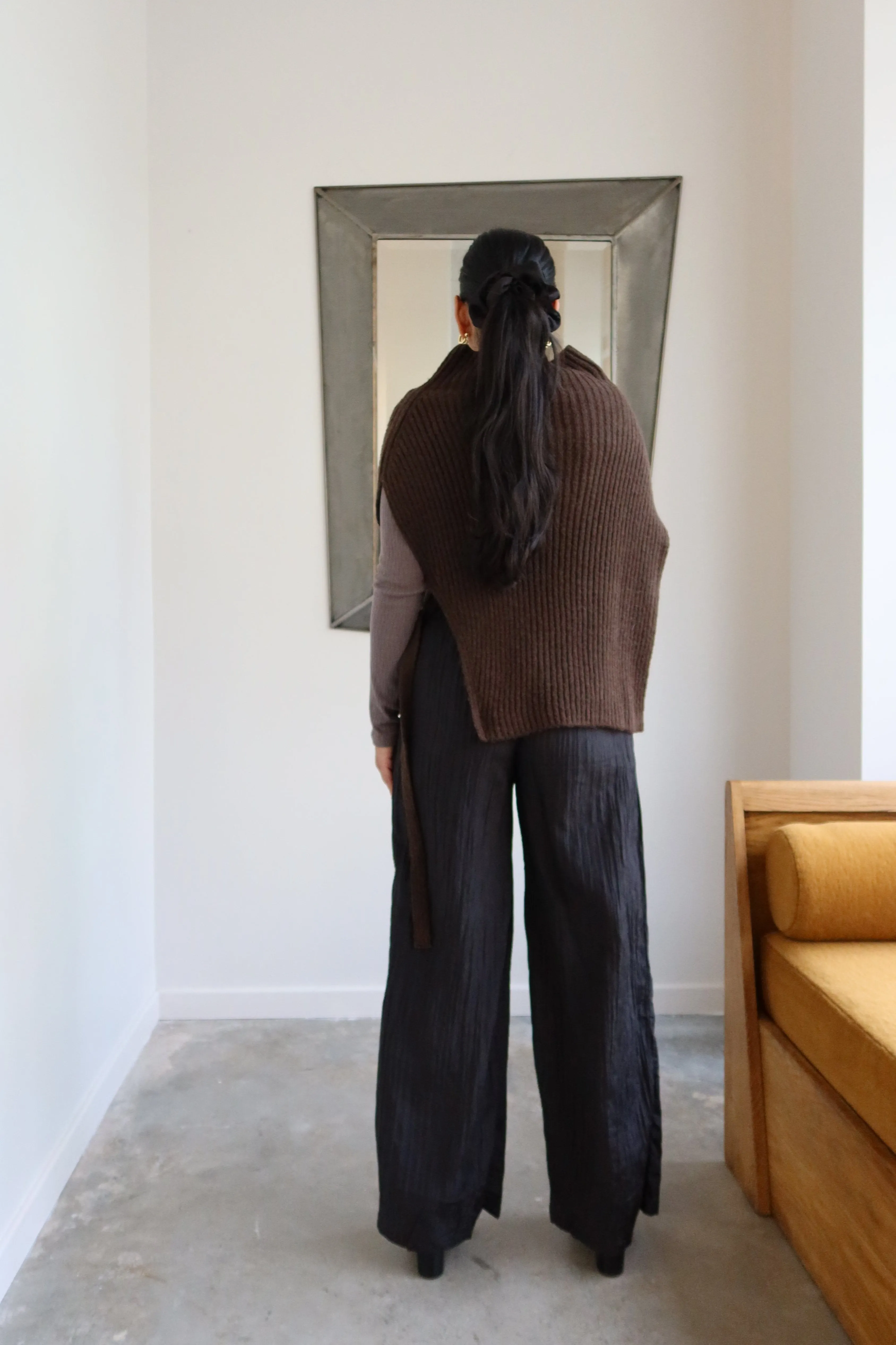 Black Plisse Wide Leg Drawstring Pants
