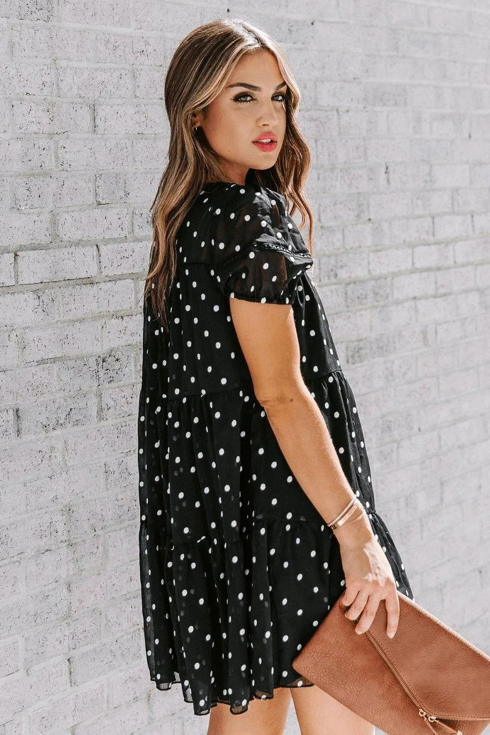 Black Polka Dot Tiered Swing Mini Dress