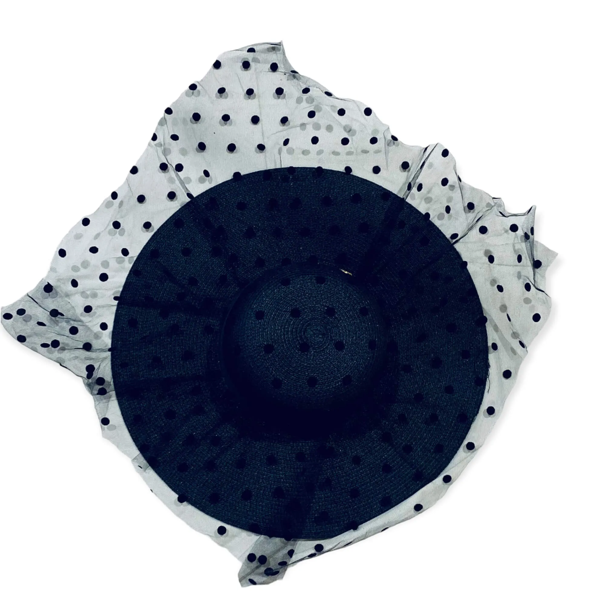 Black Polkadot Overlay Straw Panama Hat