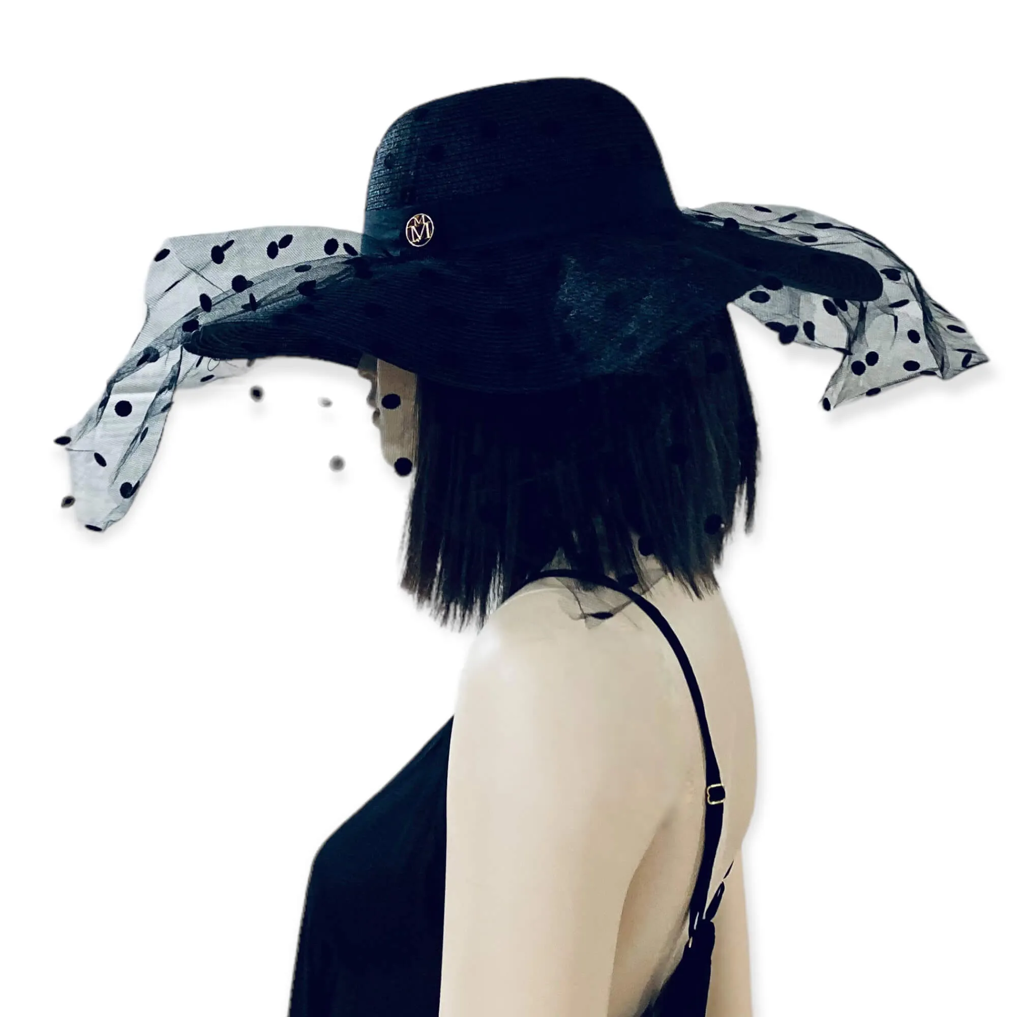 Black Polkadot Overlay Straw Panama Hat