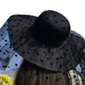 Black Polkadot Overlay Straw Panama Hat