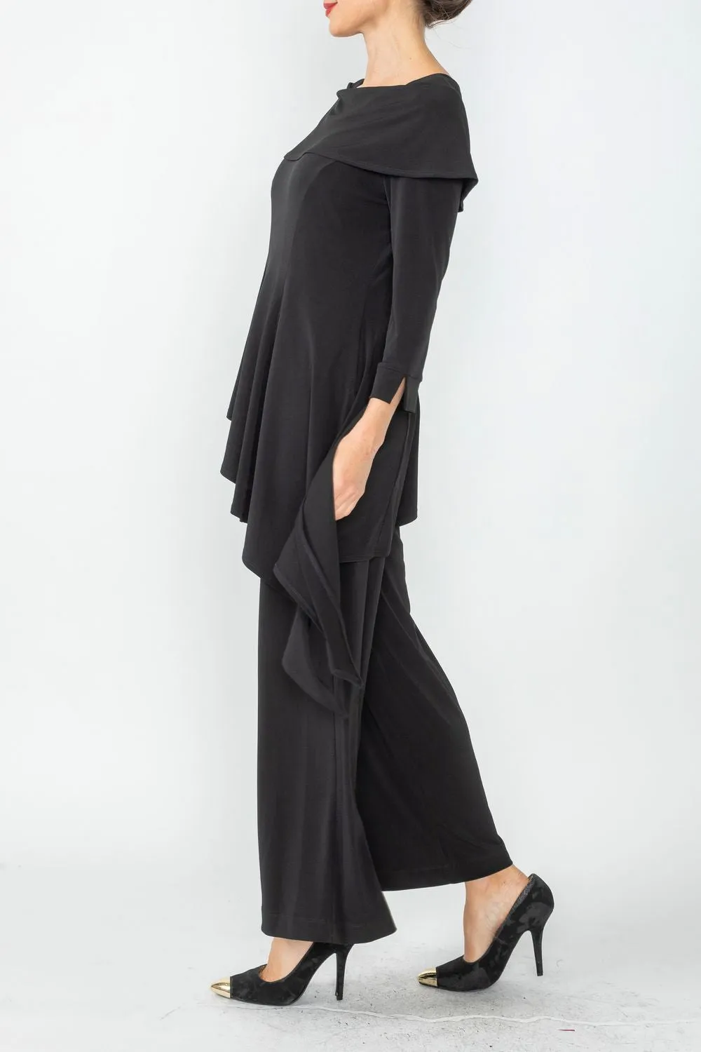 Black Shawl Collar Asymmetrical Layered Jumpsuit