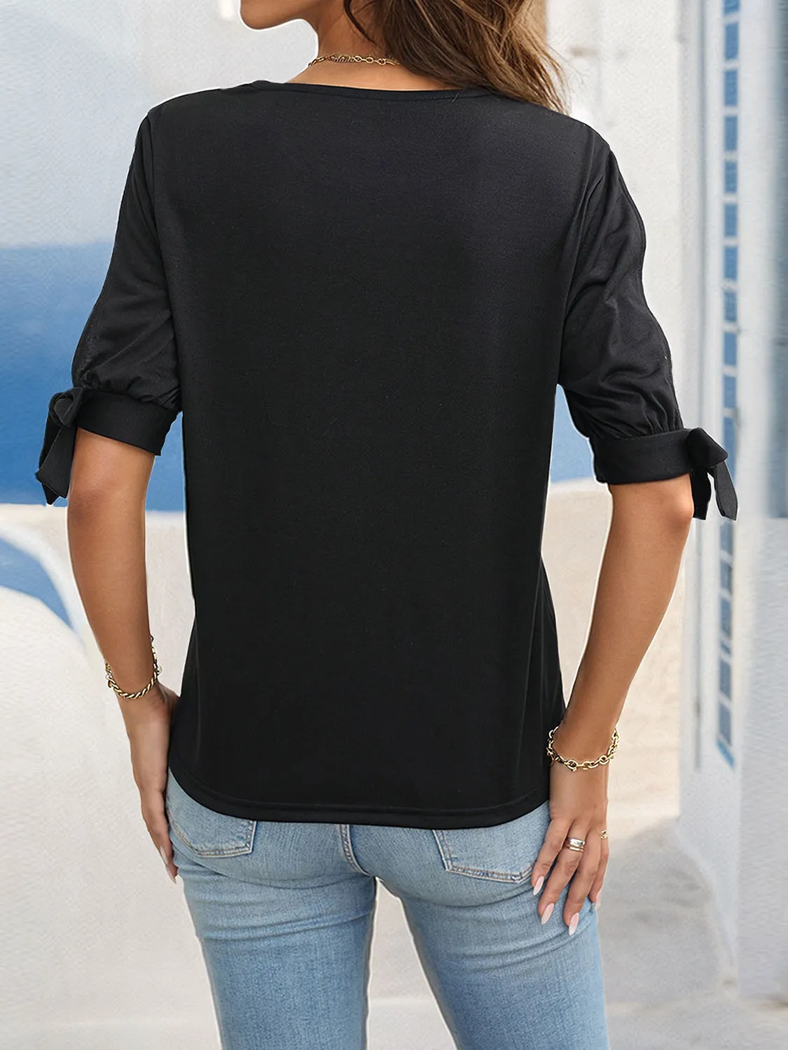Black Shirt Women's Fashion Round Neck Split Sleeve Blouse