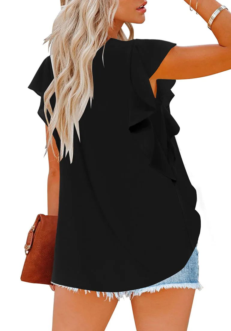 Black Short Ruffle Sleeves Crew Neck Pleated Loose Top