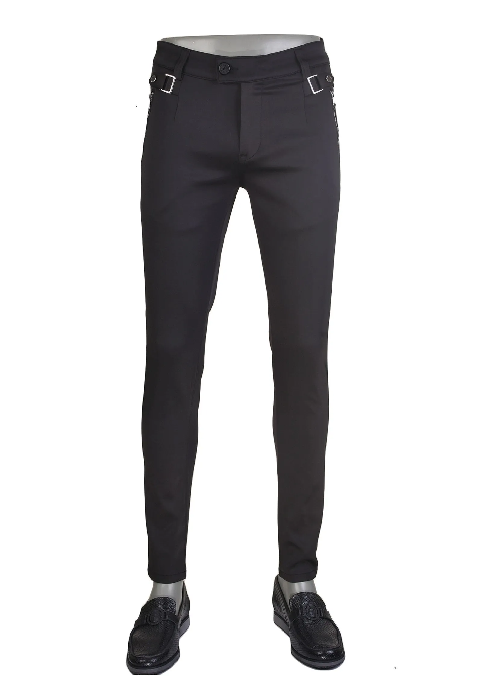Black Silver Buckle Zipper Pants