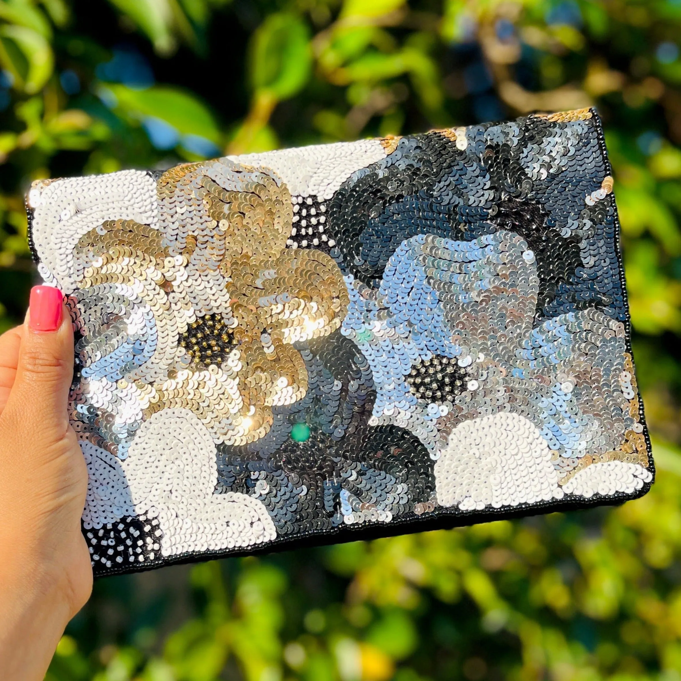 Black Silver Sequin Velour Clutch Purse
