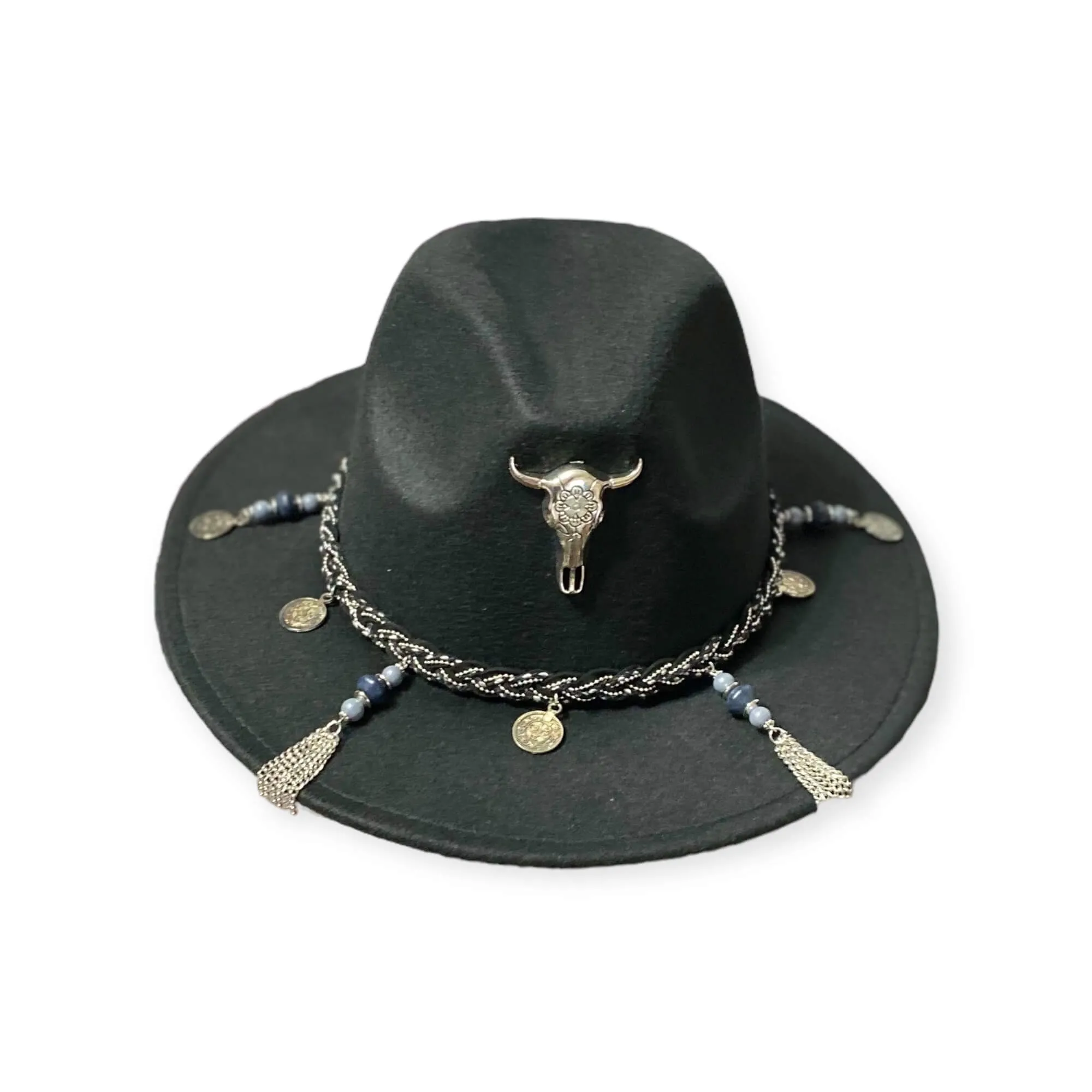 Black Silver Tassels Fedora Hat