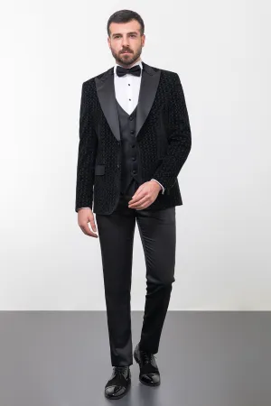 Black Slim Fit Peak Lapel Patterned Tuxedo for Men | GentWith